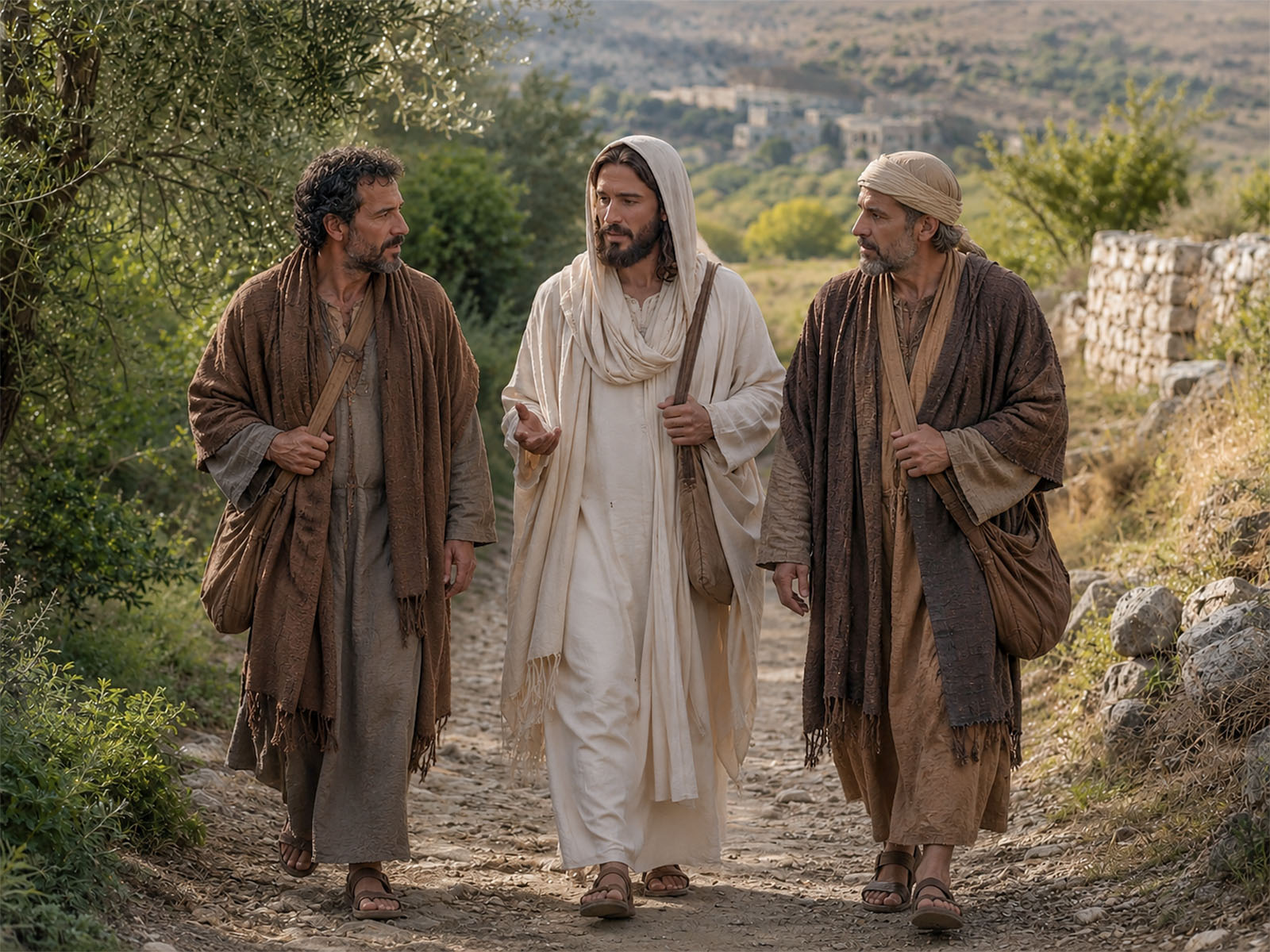 Jesus walks with disciples on the road to Emmaus